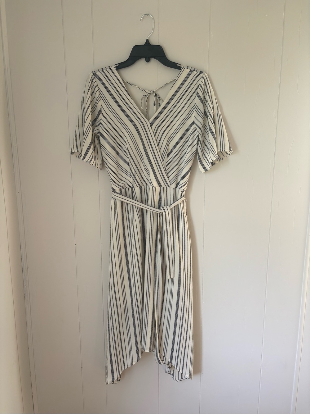 Striped V-Neck Wrap Midi Dress - Cream & Black